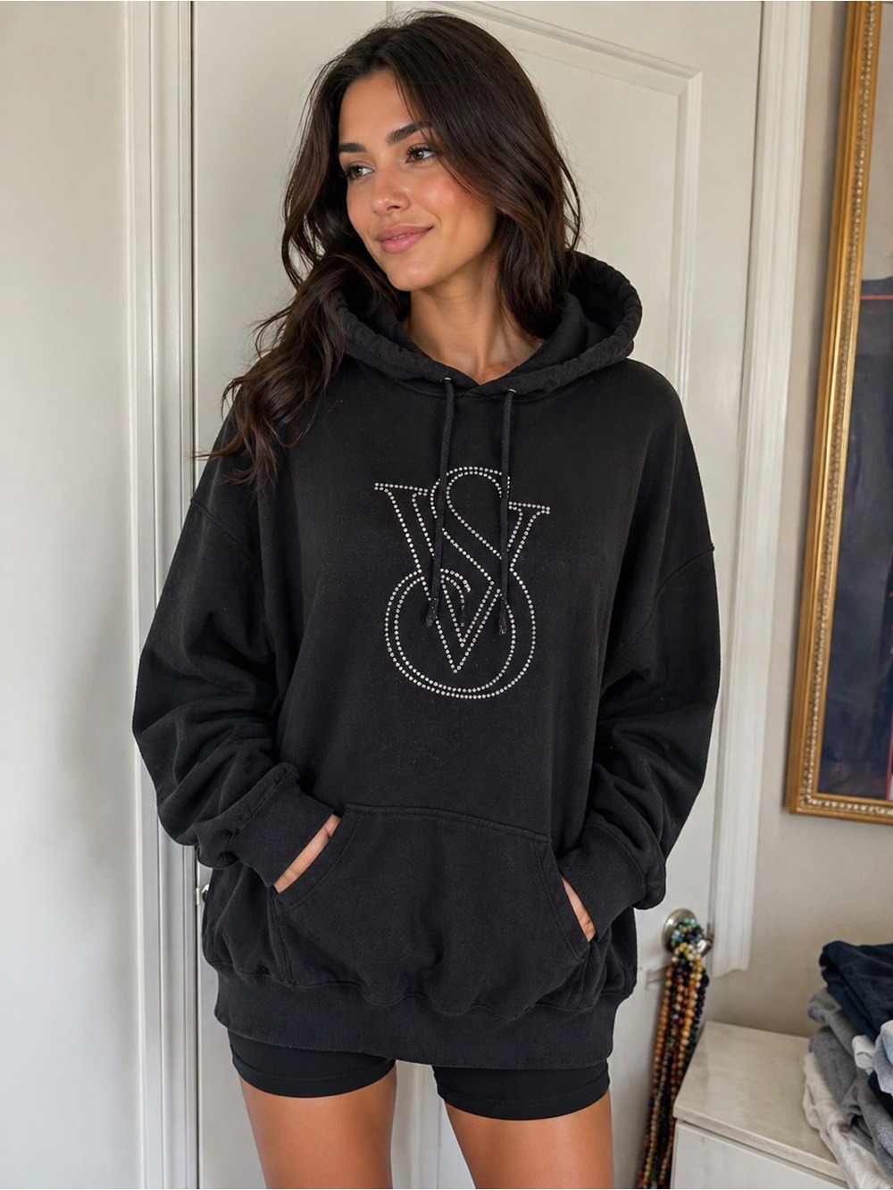 Victoria’s Secret black hoodie. Rhinestone crystallized. Size large.
